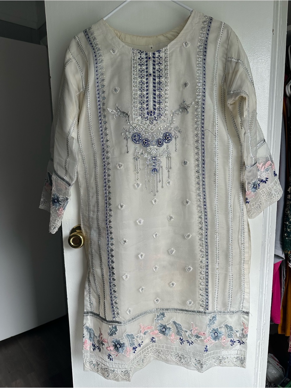 Embroidered Ivory Floral kurta with Blue & Pink Accents